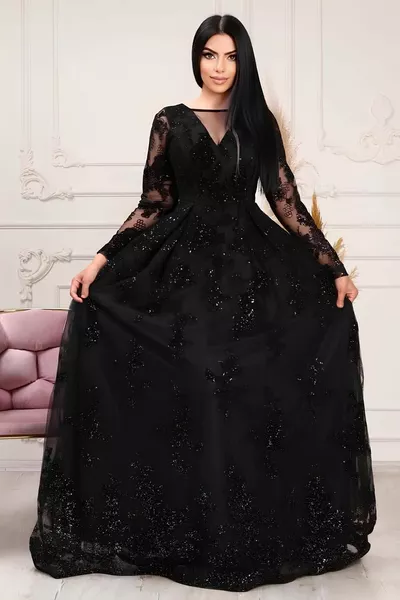 Glitter Flock Printed V Transparent Low-Cut Sleeves Long Transparent Long Evening Dress on Flexible Tulle