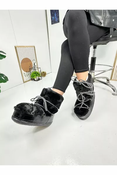 عارضة المرأة أحذية الثلج السوداء الفراء الدانتيل متابعة الأم ابنة مريحة اصطف نعل سميك 
