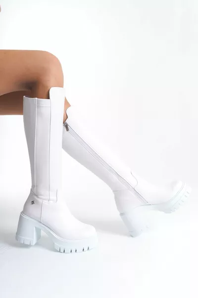 إلسا تمتد مطاط الكعب السميك بسحاب أحذية نسائية بيضاء