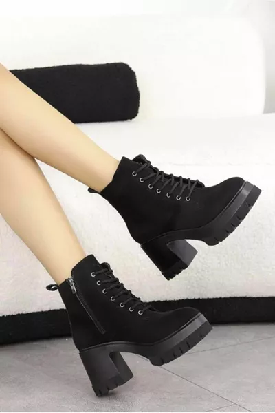 Feles Hoge Dikke Zool 9 cm Veterlaarzen voor dames ZWART-SUÈDE