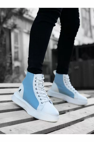  Bağcıklı Erkek Yüksek Taban Beyaz Mavi Taban Spor Bot
