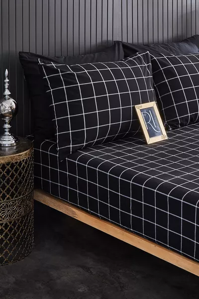 Zwart Geruite Dubbel Elastisch Hoeslaken met 2 Kussenslopen 