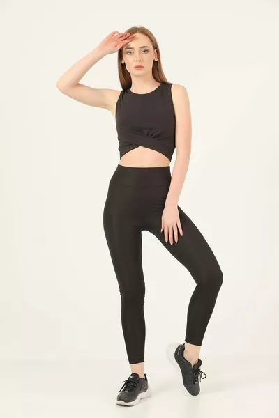 Yüksek Bel Kalın Kemer Spor Tayt Dalgıç Kumaş Siyah