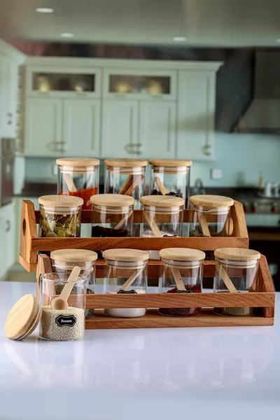 Specerijen set met lepels en bamboedeksel, inclusief cadeauetiket