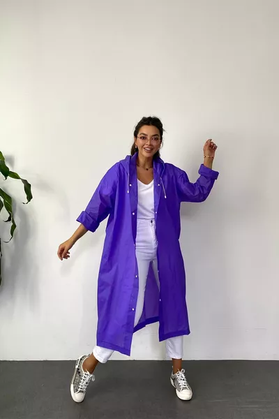 Women's Purple Snap Detail Transparent Raincoat
