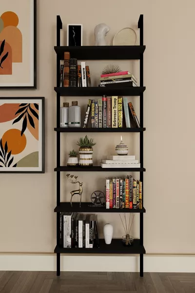 Dekoratif Tasarım 6 Katlı Siyah Duvara Monte Kitaplık, Ev Rafı , Siyah 