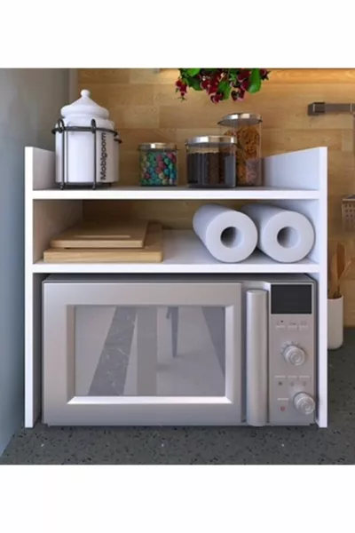 White Countertop Shelf Oven, Microwave Organizer Rack - Multi-Purpose Decorative MDF Shelf