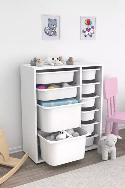 White Multi-Purpose Toy Cabinet with Basket