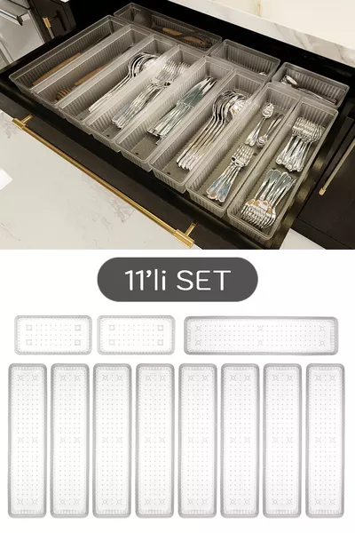 Модулен комплект за лъжици, органайзер за чекмеджета за разпределяне на вилици, лъжици и ножове, прозрачен