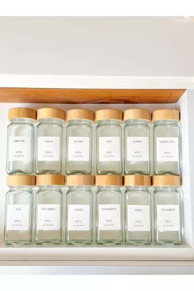 Bambu Kapaklı  Adet Cam Baharatlık Seti Yanında  Adet Sticker Hediyeli...