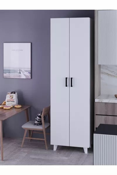 خزانة متعددة الاستخدامات بيضاء بثماني رفوف وببابين، خزانة مؤن، خزانة حمام، خزانة مستودع