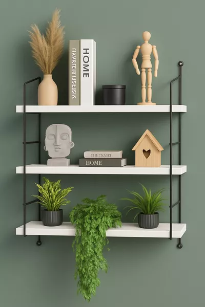 Луксозен голям триетажен стенен рафт бял