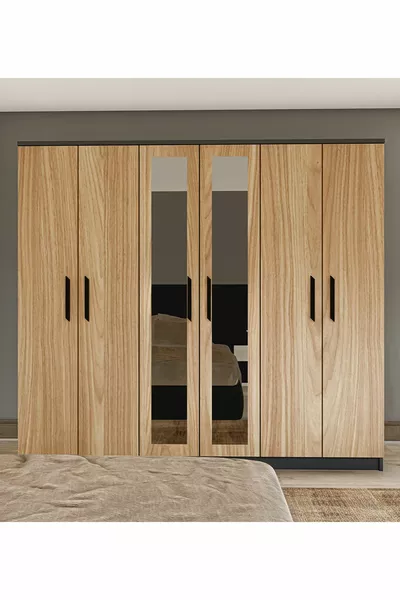 Gm خزانة ملابس بـ 6 أبواب ومرآة، سونوما - رمادي فحمي مع مقابض سوداء