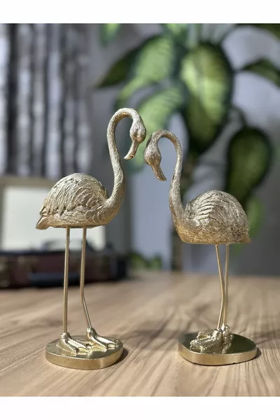 Set of 2 Stylish Decorative Flamingos, Gold Color Decor Object Decoration