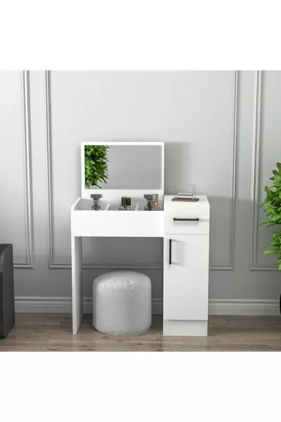 Toeletta con Specchio Bianco Perla – Con Cassetti, Armadietto & Design Elegante