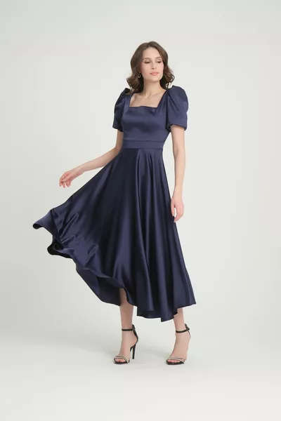 kadın kare yakalı balon kollu kısa midi boy astarlı saten kloş abiye