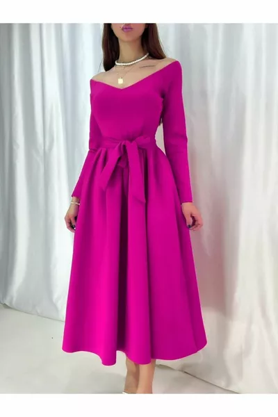 Carmen Collar Long Sleeve Belted Imported Scuba Fabric Midi Length Flared Evening Dress