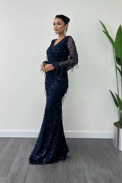 Pul Saçaklı Tasarım Elbise - Lacivert