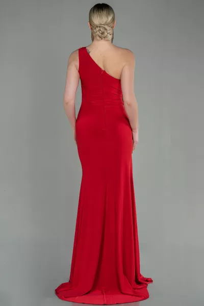 Red Stone Single Shoulder Leg Low-Cut Long Evening Dress 