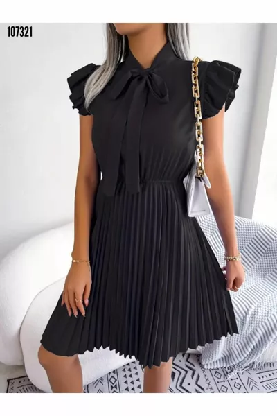 Kurzärmeliges Rock mit Schnürung für Damen Plissee-Kleid aus importiertem Krepp