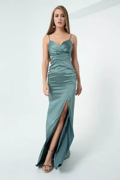 المرأة الفيروز حزام شق طويل الساتان مساء اللباس والتخرج اللباس