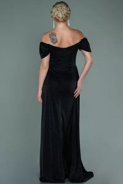 Robe de soirée longue à paillettes à col bateau noir drapé fendue 