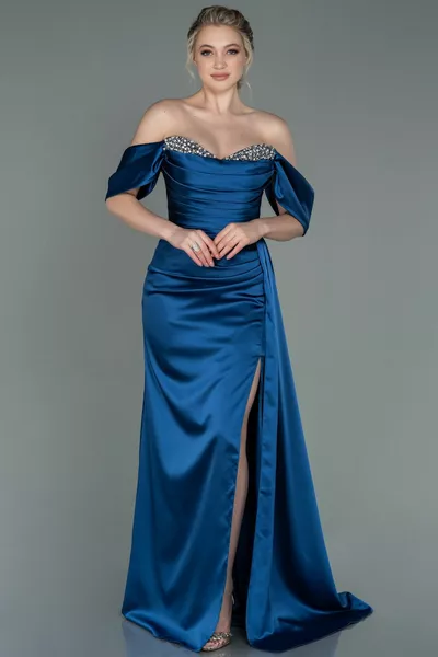 Indigo Boat Collar Slit Long Satin Evening Dress 