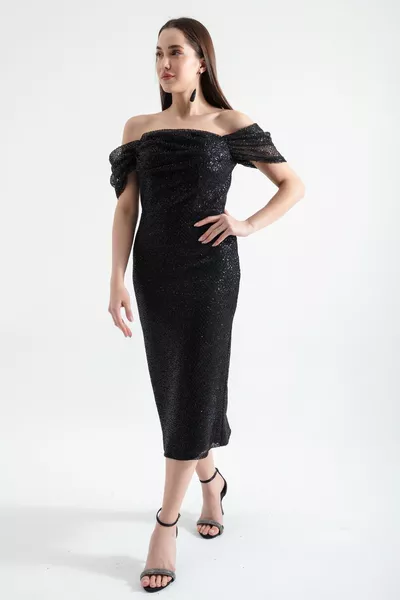 المرأة السوداء قارب الرقبة بريق ميدي مساء اللباس