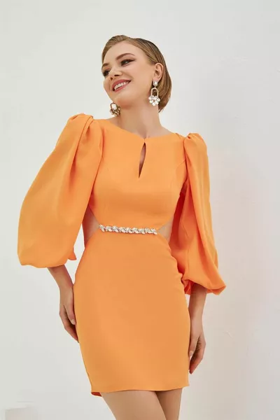 البرتقال كريب حجر بالون كم قصيرة مساء اللباس