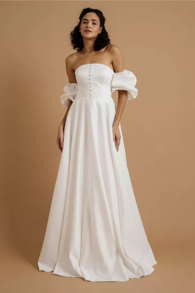 أبيض زر مفصل الساتان مساء اللباس وسهرة اللباس