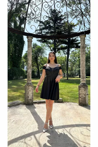 Collar Sequin Detailed Strap Satin Short Evening Dress