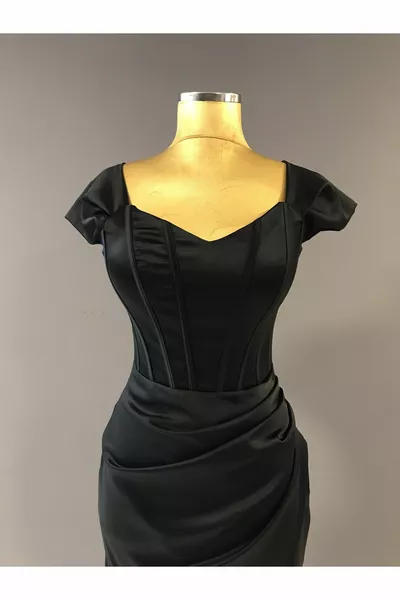 Women's Satin Off Shoulder Rib Model Long Evening Dress