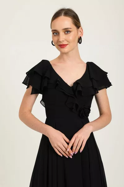 Midi Length Dress with Floral Detail at the Waist with V-Neck Flounce on the Collar and Back