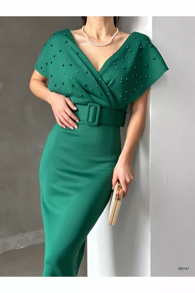 المرأة الزمرد الأخضر مزدوج الصدر طوق اللؤلؤ مفصلة بالإضافة إلى حجم الخفافيش كم النسيج حزام ميدي مساء اللباس