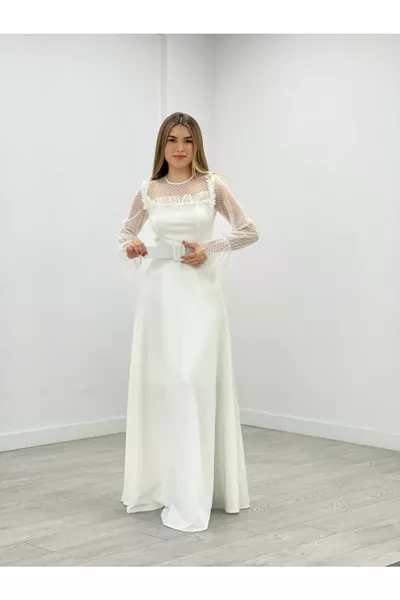 Креп Ткань Горошек Детализированное Kiloş Вечернее Платье - Белый