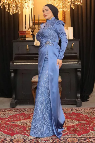 Indigo Stone Glitter Satin Evening Dresses