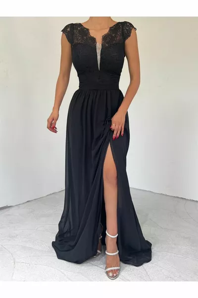 Layla Guipure Detail Slit Evening Dress  Black