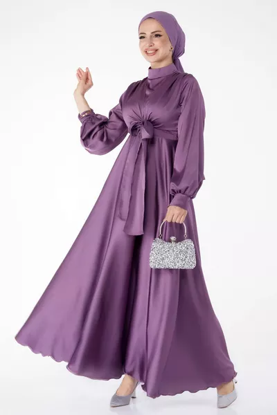 Straight Judge Collar Women's Lilac Evening Dress with Front Tie - 