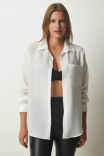 Дамска бяла оверсайз ленена риза Ayrobin 