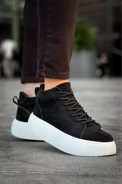  Lace-Up Men's High Sole Imported Suede Black Sport Boots