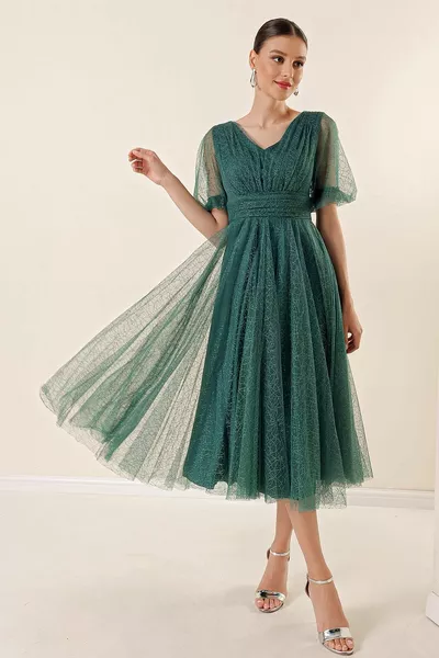 Front Back V-Neck Short Balloon Sleeves Lined Spider Print Glitter Tulle Midi Dress Emerald