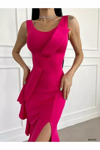 Boat Collar Cross Detailed Ruffled Slit Fish Evening Dress