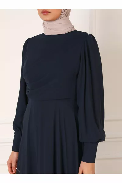 Drape Detailed Chiffon Hijab Evening Dress - Navy Blue - Refka