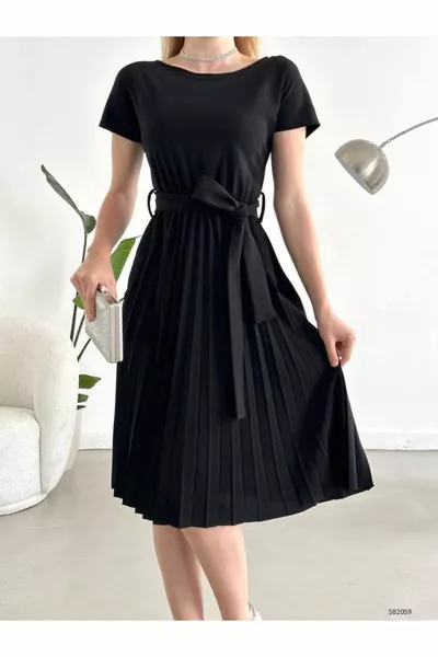 Pleated Skirt Short Sleeve Midi Length Evening Dress
