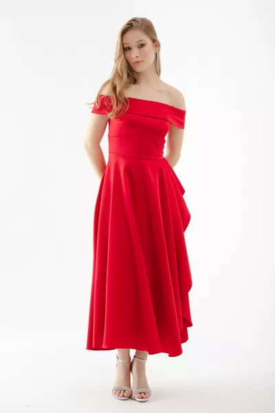 المرأة الأحمر قارب الرقبة ميدي الساتان مساء اللباس