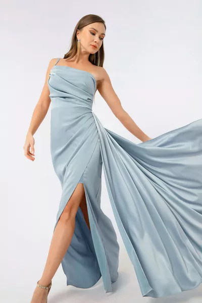 المرأة الطفل الأزرق واحد الكتف الساتان مساء اللباس والتخرج اللباس