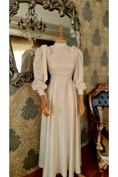 Ecru raso bianco, spalla fiocco dettagliato palloncino manica Hijab abito da sera