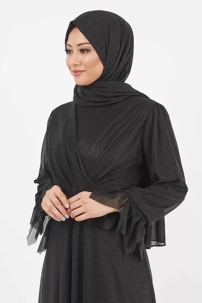 بريق الأكمام مفصلة مساء اللباس الأسود 