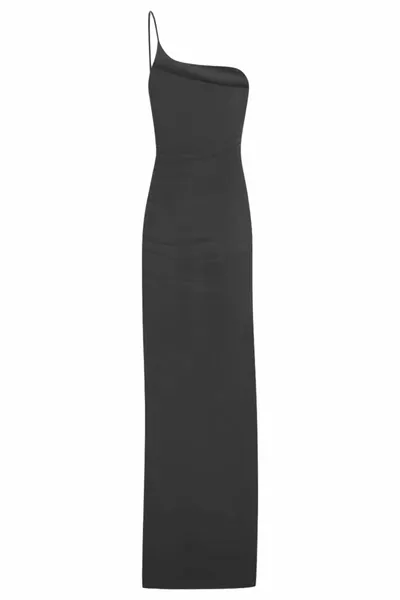 Zwarte enkele schouder touw riem kant gedrapeerd en diepe spleet lange avondjurk