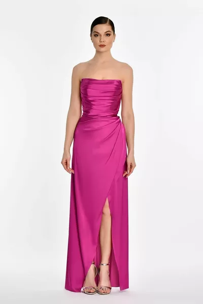Women's Strapless Satin Long Fuchsia Evening Dress & Graduation Dress with Side Slits -fus